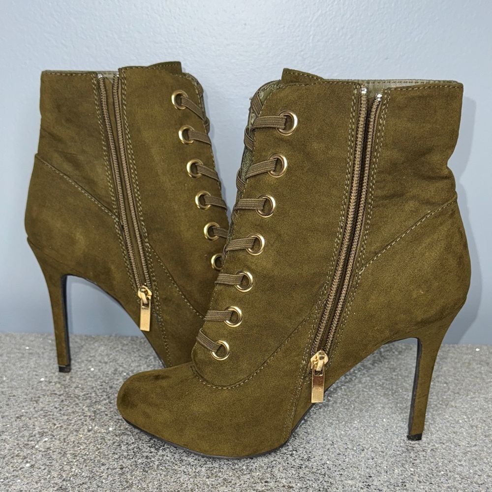 Anne Michelle Khaki Lace-Up Heeled Ankle Boots Size 8 - Picture 7 of 9
